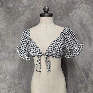 Ramona Crop Top Women Medium Gingham Embroidery Puff Coquette Cottagecore Boho